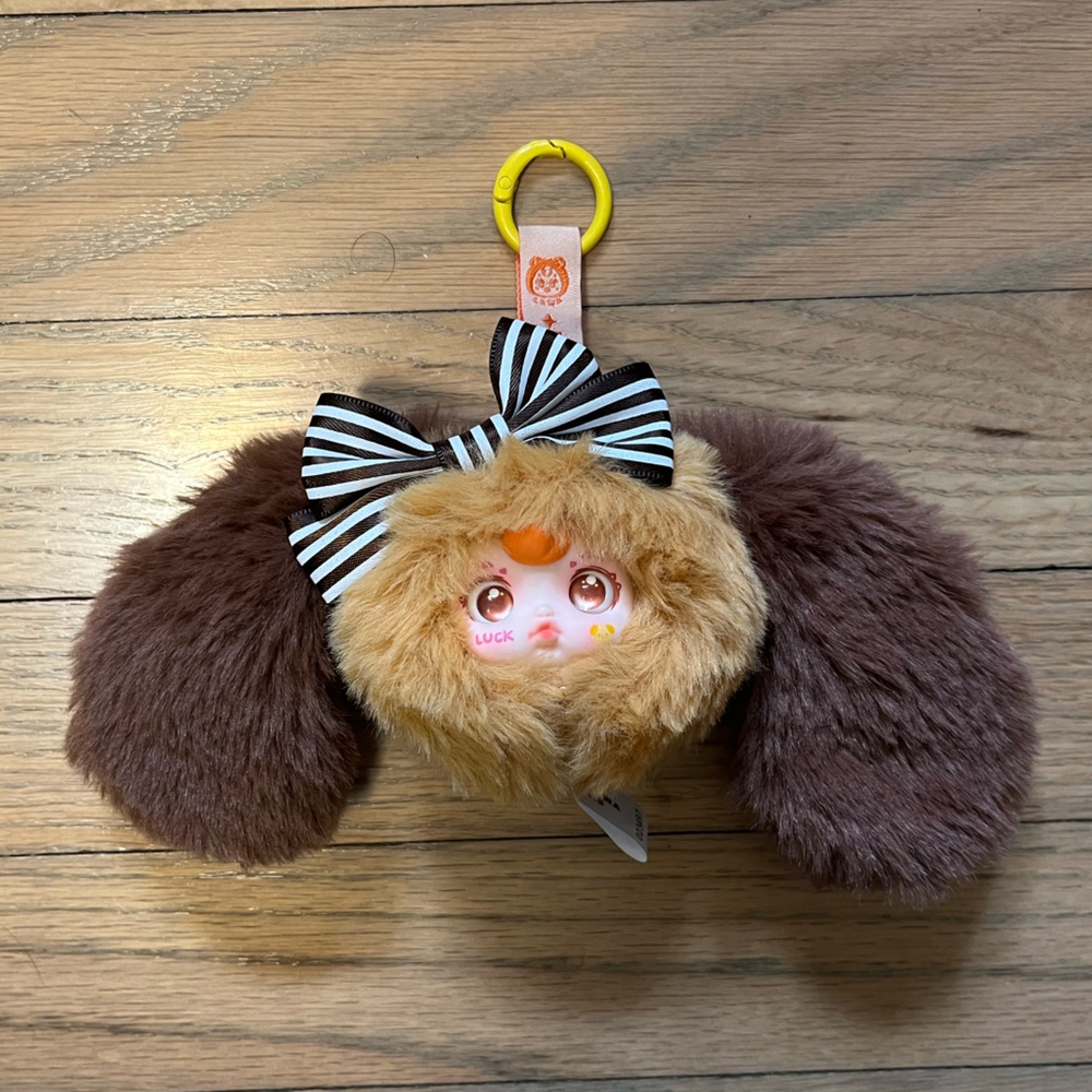 Plush Furry Keychain Toy with Striped Bow - Brown & Tan